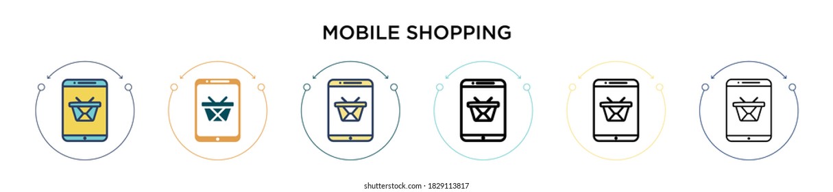 Mobile shopping icon in filled, thin line, outline and stroke style. Vector illustration of two colored and black mobile shopping vector icons designs can be used for mobile, ui, web