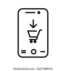 Mobile shopping icon in outline vector style. Represents e-commerce, online shopping, and mobile commerce. Perfect for retail apps, shopping platforms, mobile payment systems, and digital marketing.