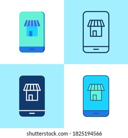 Mobile shopping icon set in flat and line style. Online store in smartphone concept symbol. Vector illustration.