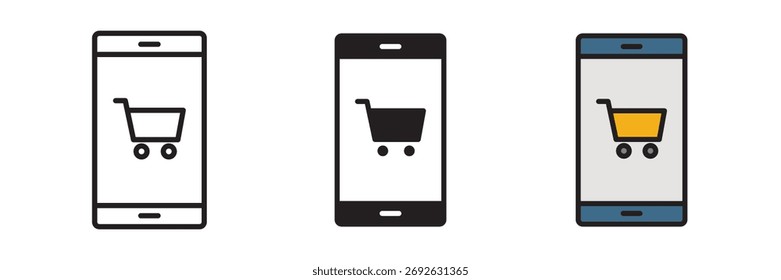 Mobile shopping icon set in flat vector illustration, created in outline, filled, and color style. Ideal for e-commerce, online store, digital retail, and smartphone shopping app design concepts.