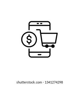 Mobile Shopping icon. Telephone dollar commerce icon. A mobile phone with shopping cart on one side and coin on the other, outstanding infographic for mobile shopping
