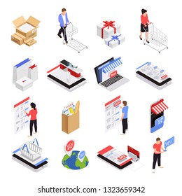 Mobile shopping icons set with ecommerce symbols isometric isolated vector illustration