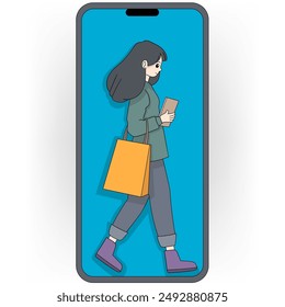 mobile shopping illustration, woman shopping online easily