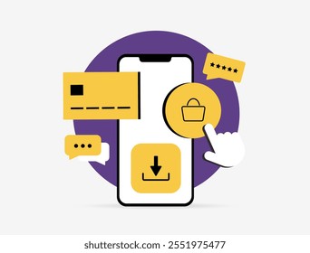 Compras móviles y Ilustración vectorial de compras en el App con smartphone, ícono de Descarga, tarjetas de crédito, Carrito de compras y burbujas de chat. Concepto de comercio electrónico, pagos digitales y transacciones basadas en App