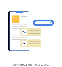 Mobile Shopping Interface With Product Search In Flat Vector Illustration Symbolizing E Commerce, Online Retail, And Digital Shopping, Isolated On White Background