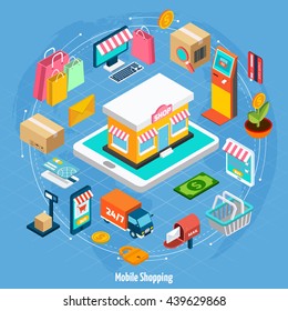 Mobile Shopping Isometric Concept With Related Elements On Light Blue Background Vector Illustration