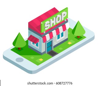 Mobile shopping isometric concept. Vector isolated illustration. Mobile marketing , e-marketing, e-comerce, app store. Flat design style modern vector illustration.