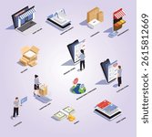 Mobile shopping isometric flowchart with ecommerce and delivery symbols