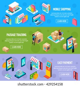 Mobile Shopping Isometric Horizontal Banners With Payment And Package Tracking Isometric Isolated Vector Illustration