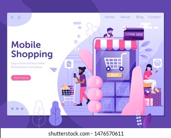 Mobile shopping landing page concept. M commerce advertising web banner with people purchasing and buying on internet using smartphone app. Digital store e-commerce scene. Man and woman on shopping.