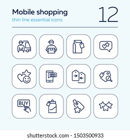 Mobile shopping line icon set. Set of line icons on white background. Paper packet, mark, star. Online shopping concept. Vector illustration can be used for topics like technology, apps