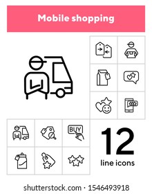 Mobile shopping line icon set. Set of line icons on white background. Paper packet, mark, star. Online shopping concept. Vector illustration can be used for topics like technology, apps