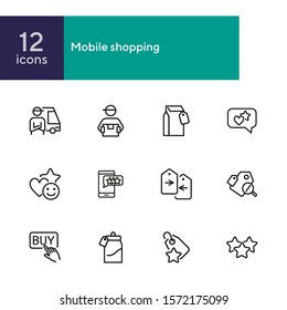 Mobile shopping line icon set. Set of line icons on white background. Paper packet, mark, star. Online shopping concept. Vector illustration can be used for topics like technology, apps
