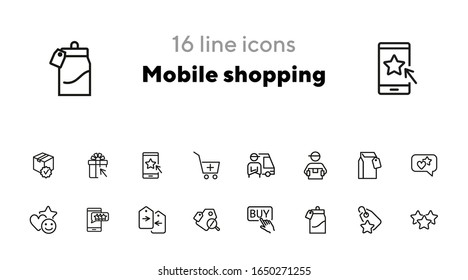 Mobile shopping line icon set. Set of line icons on white background. Paper packet, mark, star. Online shopping concept. Vector illustration can be used for topics like technology, apps