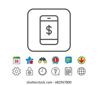 Mobile Shopping line icon. Smartphone Online buying sign. Dollar symbol. Calendar, Globe and Chat line signs. Binoculars, Award and Download icons. Editable stroke. Vector