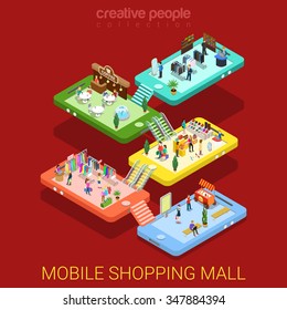 Mobile shopping mall flat 3d isometry isometric online internet sale e-commerce technology concept web vector illustration. Mobile phone store floor interior micro buyers. Creative people collection.