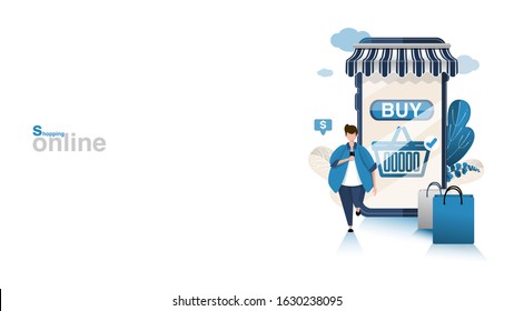 Mobile Shopping. A man buy things in the online store. Shopping on Social networks through phone flat design style. with banner,text  vector illustration