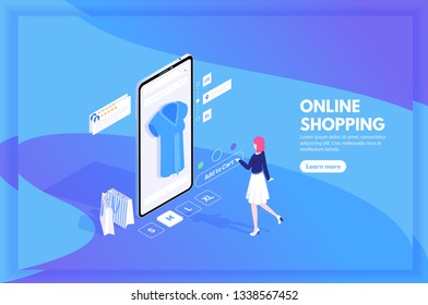 Mobile shopping, m-commerce, distant trade and online store concept with character isometric vector illustration. Woman with a smartphone makes purchases in the online store.