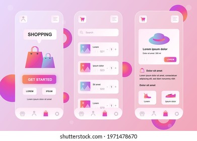 Mobile Shopping Neumorphic Elements Kit For Mobile App. Shop Website, Shopping Cart Checkout, Payment For Purchases. UI, UX, GUI Screens Set. Vector Illustration Of Templates In Glassmorphic Design