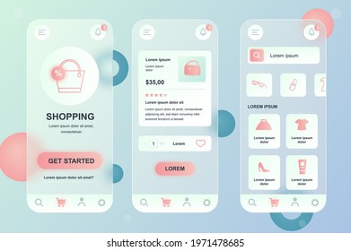 Mobile shopping neumorphic elements kit for mobile app. Store webpage, products with prices dashboard, feedbacks. UI, UX, GUI screens set. Vector illustration of templates in glassmorphic design