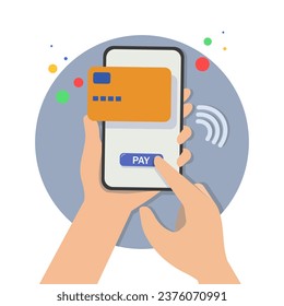 Mobile shopping. NFC payment. Smartphone with online payment. Credit card cashless. Contactless payment concept. E-payment. Vector illustration.