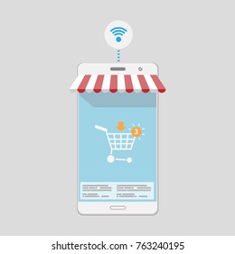 Mobile Shopping on Smartphone screen. Flat style design.