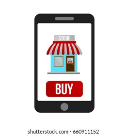 Mobile shopping online button isolated on white background. Flat vector illustration.
