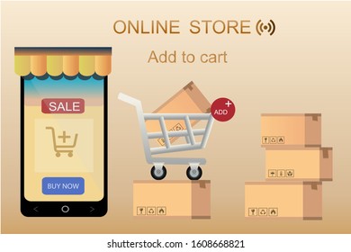 Mobile shopping online concept of vector design  by mobile shop and the shopping cart online, packing box arrange on the soft color background 