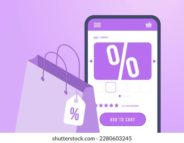 Mobile Shopping - Online-E-Commerce-Konzept. Smartphone mit Online-Shop mit Produkt-Seite Design und Paket mit Einkäufen. M-Commerce, Vektorgrafik.