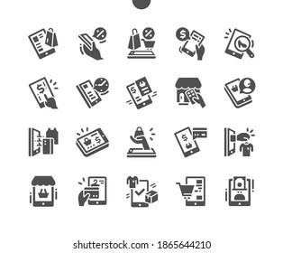 Mobile shopping. Shopping online on mobile application. Grocery shopping online. Discounts. Payment by card. Online consultant. Vector Solid Icons. Simple Pictogram
