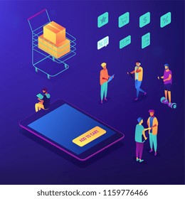 Mobile shopping and online order isometric set. Buyer ordering goods with tablet, customer paying online, mobile shopper and cart with boxes. Blue violet background. Vector 3d isometric illustration.