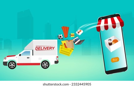 mobile shopping online ordering baskets and delivery vehicles in the city. Illustrations are used for making advertising materials about selling things through the Internet.