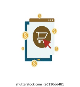 Mobile Shopping: Online Purchase Icon with Dollar Signs, This flat design icon depicts a mobile device with an online shopping cart highlighted by a click action, surrounded by dollar signs.