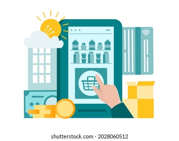 Mobile shopping, online store, mobile application for buying food and other goods. The buyer selects the product in the mobile phone application. Concept vector illustration.
