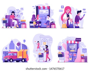 Mobile shopping and online store scenes for digital shop app. Internet purchase, buying and delivering concepts with people shopping on smartphone in e market. M commerce illustrations in flat design.