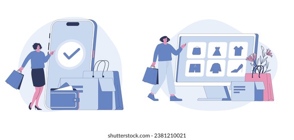 Compras móviles y compras en línea. Ilustración vectorial, adecuada para página de inicio web, ui, aplicación móvil