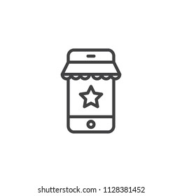 Mobile shopping outline icon. linear style sign for mobile concept and web design. Smartphone with store on screen simple line vector icon. Symbol, logo illustration. Pixel perfect vector graphics