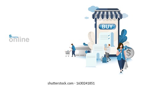 Mobile Shopping.  People buy things in the online store. Shopping on Social networks through phone flat design style. with banner,text  vector illustration