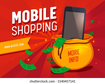 Mobile shopping promotional vector web banner template. E commerce app advert on red background. Smartphone in golden sack with green banknotes. Online store advertising campaign poster design
