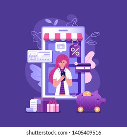 Mobile shopping rewards concept with woman making purchases on internet and getting cash back. M commerce discount money saving illustration with girl shopping on smart phone.