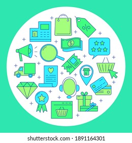Cartel de concepto de la ronda de compras móvil en estilo de línea de colores. Banner de tienda en línea con símbolos de comercio en internet. Ilustración vectorial.