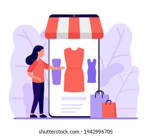 Mobile shopping, shop to online. Woman buy things in the online store through phone app. Choose dress clothes through smartphone, online shopping, ecommerce. Vector illustration