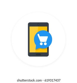 Mobile shopping, smartphone and cart flat icon