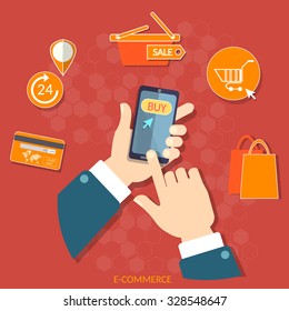 Mobile shopping smartphone e-commerce men hand holding modern mobile phone internet shopping application on screen vector concept  