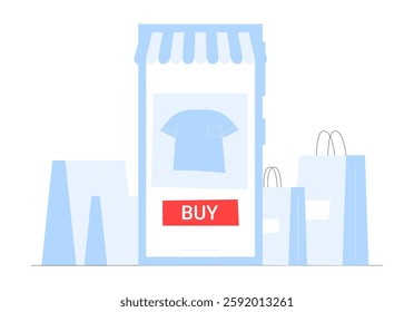 Mobile Shopping Storefront With Buy Button And Shopping Bags In Flat Vector Illustration Symbolizing E Commerce, Digital Retail, And Online Purchases, Isolated On White Background.