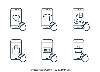 mobile shopping thin line icons set on white background