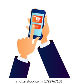 Mobile shopping  and touching button. Hand holding smartphone. E-commerce  concept.