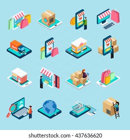 Mobile shopping with various related elements isometric isolated icons set on blue background vector illustration