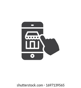 Icono vectorial de compra móvil. signo plano relleno para concepto móvil y diseño web. Icono de glifo de compras en línea. Símbolo, ilustración del logotipo. Gráficos vectoriales