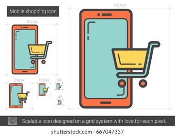 Icono de línea vectorial de compra móvil aislado en fondo blanco. Icono de línea de compra móvil para infografía, sitio web o aplicación. Icono escalable diseñado en un sistema de cuadrícula.